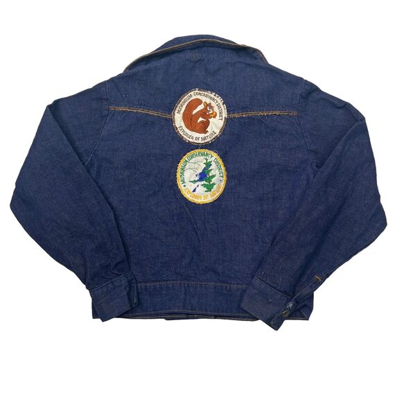 Vintage 70s Big Spread Collar Snap Front Denim Jacket Nature Patch FLAW Youth 7 - Picture 3 of 9